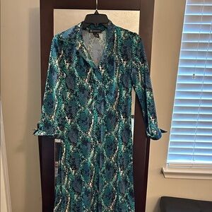 INC International Concepts Teal and Blue Snake-Print Long Sleeve Dress